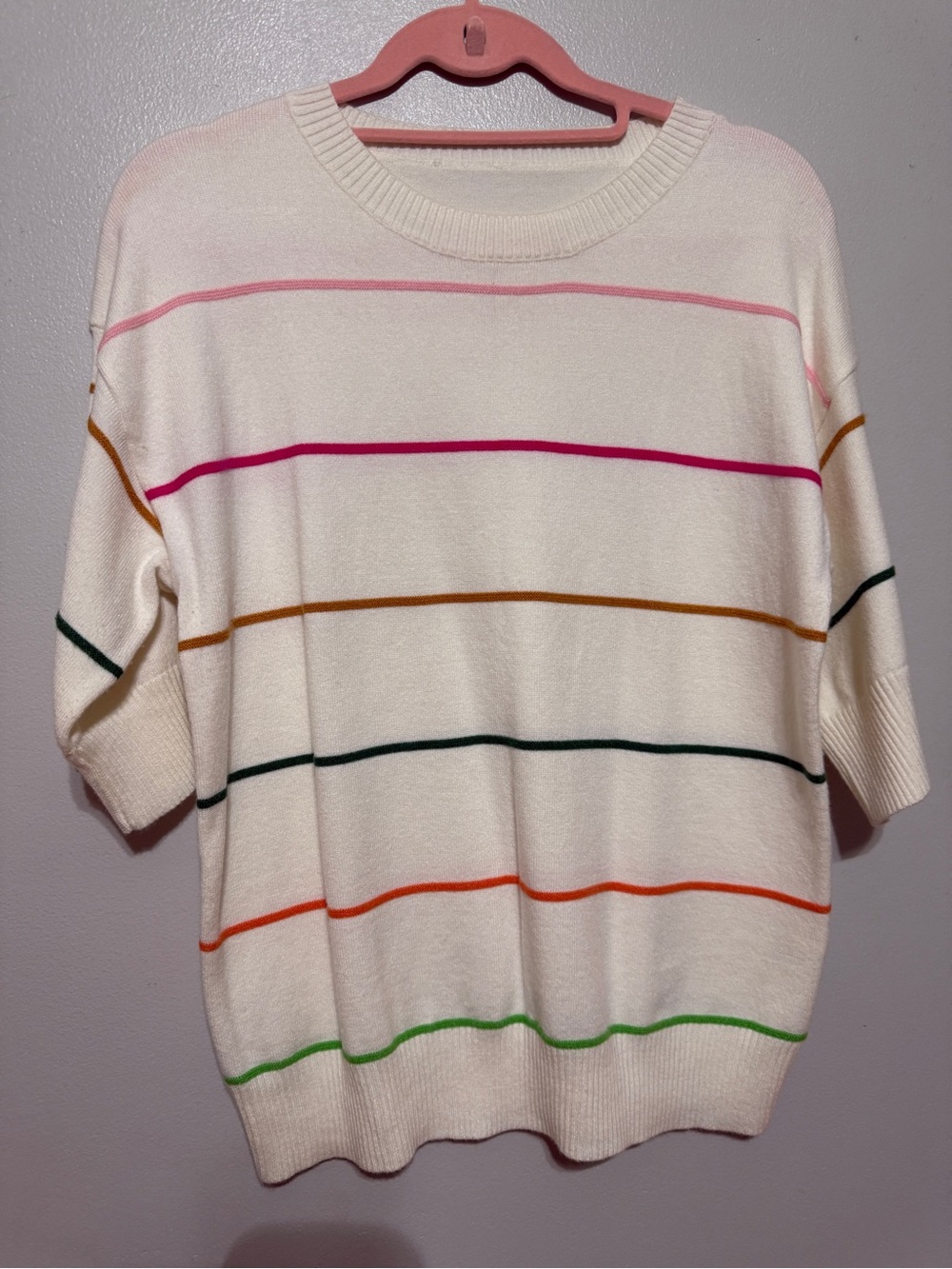 Women's Cream Short-Sleeve Crewneck Sweater with Multicolor Stripes